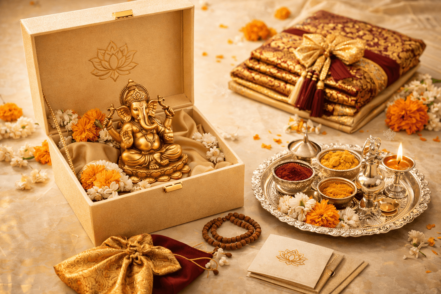 Spiritual gifting arrangement with blessing box and ceremonial gifts.